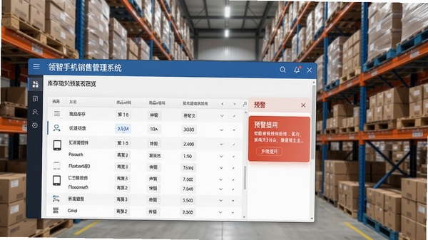领智手机销售管理系统库存管理功能预览图,画面展示软件中商品库存列表与预警提示界面,背景为仓储货架,强调数据与实物对应管理,风格写实清晰