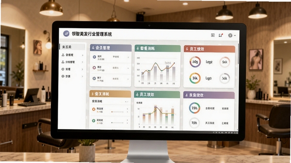 领智美发行业管理系统主界面预览图,电脑屏幕显示会员管理、套餐消耗、员工绩效等模块,背景为整洁的美发店前台,暖色调灯光,画面清晰写实