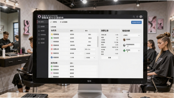 领智美发行业管理系统会员档案界面截图,展示会员列表、消费记录、储值余额等数据,背景为美发店内景,电脑屏幕清晰可见