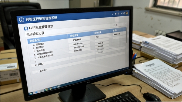 领智医药销售管理系统中的GSP质量管理模块界面,屏幕上展示着一份电子验收记录表格,包含药品批次、验收结果和复核人信息,背景为办公桌上的相关文档