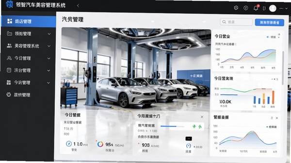 领智汽车美容管理系统主界面预览图,画面展示门店管理后台,左侧功能菜单,右侧为今日营业数据看板,背景为现代汽车美容工位,整体色调明亮简洁,软件界面清晰,展现数字化管理场景