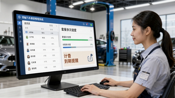 领智汽车美容管理系统会员计次管理界面预览,屏幕中显示会员列表、套餐余次进度条,背景为汽车美容店内场景,一位店员正在电脑前操作,画面清晰展示计次扣减与到期提醒功能