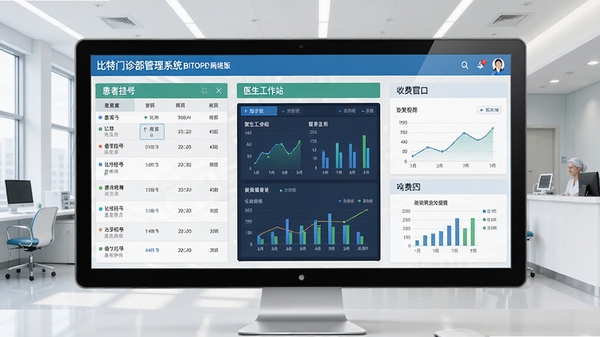 比特门诊部管理系统BITOPD网络版主界面预览图,展示患者挂号列表、医生工作站、收费窗口等功能模块的布局,背景为现代简约的医疗办公环境,界面清晰明亮,数据图表展示运营统计
