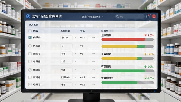 比特门诊部管理系统BITOPD网络版药房库存管理模块,展示药品列表、库存数量、有效期进度条,界面以红黄绿三色标注预警状态,背景为整齐的药房货架,数字化看板风格