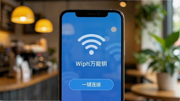 画面主体为一个现代智能手机屏幕特写,屏幕中清晰显示WiFi万能钥直连的APP界面,界面以蓝色调为主,顶部有WiFi信号图标和“一键连接”按钮,背景是模糊的咖啡馆环境,有暖黄色灯光和绿色植物,整体氛围轻松生活化,突出软件易用性和连接成功的喜悦感,构图以手机屏幕为中心,背景虚化,光线柔和,高清渲染风格。