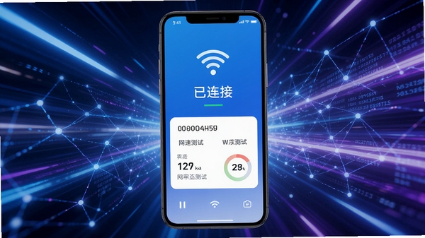 画面主体为WiFi万能钥直连软件连接成功后的界面,手机屏幕显示“已连接”状态,并出现网速测试数据,背景为高速运动的光束和网络数据流,蓝色和紫色搭配,动感十足,突出极速连接的特点,构图以手机屏幕为中心,周围有动态光效,整体充满速度科技感。