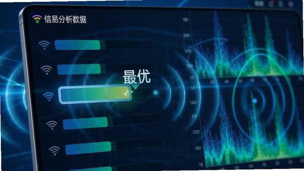 画面主体为WiFi万能钥直连软件的信号分析界面,屏幕中显示多个WiFi信号强度条形图,其中一个条形图被高亮并标注“最优”字样,背景为抽象的信号波纹和频谱图,以蓝色和绿色为主色调,科技感十足,光线明亮清晰,突出软件的专业性和数据分析能力。
