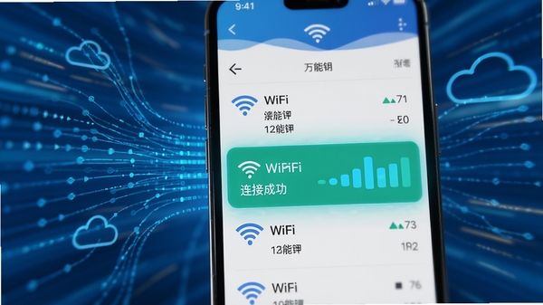 画面主体为WiFi万能钥直连软件在手机后台运行的界面截图,手机屏幕显示多个WiFi信号列表,其中一个信号被高亮标记并显示“连接成功”状态,旁边有信号强度波形图,背景为抽象蓝色数据流动线条,象征智能算法与云端数据交互,整体科技感强,构图以手机屏幕为中心,背景动态模糊,突出连接过程的智能化与高效性。