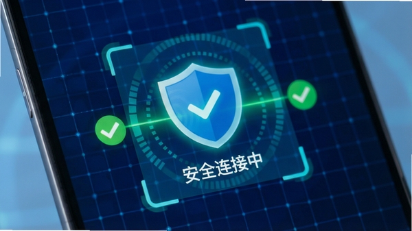 画面主体为WiFi万能钥直连软件的安全检测界面,屏幕中央显示盾牌图标并标注“安全连接中”字样,周围有扫描动画和绿色对勾符号,背景为深蓝色科技感网格,光线明亮,突出软件对用户安全的重视,整体风格简洁安全,让人信赖。