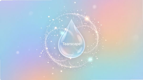 Tearscape应用主界面预览图,画面主体是柔和的渐变色彩背景,中央有一个半透明的水滴形互动元素,周围环绕着细腻的光晕粒子,整体风格宁静治愈,适合作为应用商店展示图