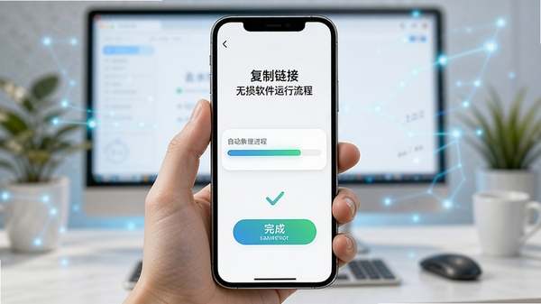 去水印免费无损软件运行流程示意,手机展示复制链接后自动解析的过程,带有进度条和完成提示,背景虚化处理,突出主体,色调明亮,具有科技感。