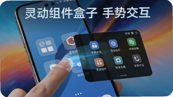 灵动组件盒子手势操作演示图,手指在手机屏幕上滑动组件,触发快捷功能面板,画面展示组件动画反馈效果,背景为动态模糊壁纸,标注“灵动组件盒子 手势交互”字样,风格科技感十足。