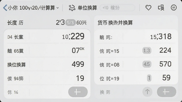 小智多功能计算器单位换算界面,展示长度和货币换算列表,界面清新,数字清晰,背景浅灰