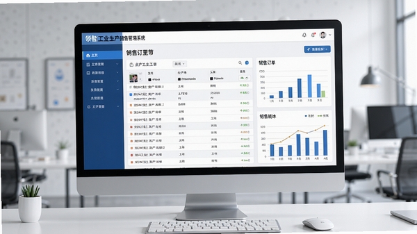主图:领智工业生产销售管理系统的主界面截图,展示左侧菜单栏、生产工单列表与销售订单统计图表,背景为现代简约的办公室电脑桌面,屏幕中央显示软件界面,界面清晰明亮,UI设计简洁专业,整体色调蓝白相间