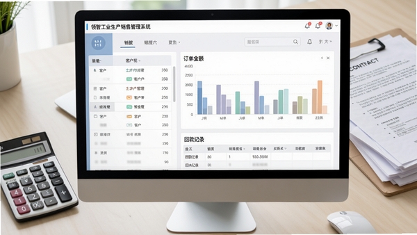 销售管理界面:显示客户列表、订单金额柱状图、回款记录表格,背景为办公桌上有计算器和合同文件,屏幕中展示领智工业生产销售管理系统的销售模块,图表配色柔和,数据可视化清晰