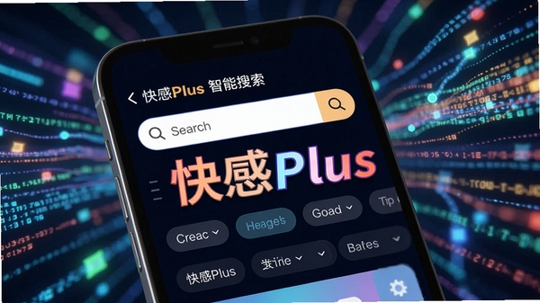 快感Plus智能搜索界面,手机屏幕上显示搜索框和分类筛选标签,背景为抽象的数据流线条,色彩明亮,突出关键词快感Plus,画面主体为手机界面特写,背景动态模糊
