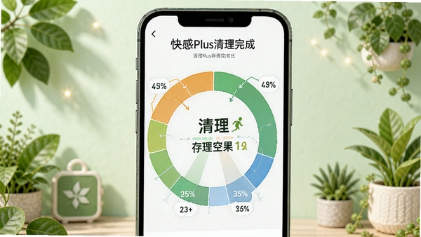 快感Plus清理完成界面,手机屏幕显示清理前后存储空间对比数据图表,背景为绿色环保风格装饰,突出清理效果,画面主体为数据可视化圆形图,背景有手机轮廓