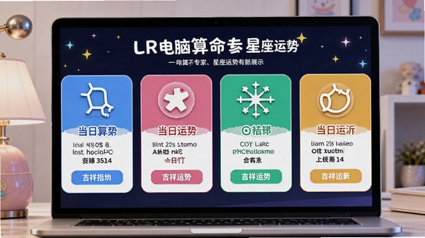电脑算命专家星座运势展示页面,以卡片形式呈现不同星座的当日运势,配有星座图标和吉祥色,色彩鲜艳活泼,整体风格时尚清新。