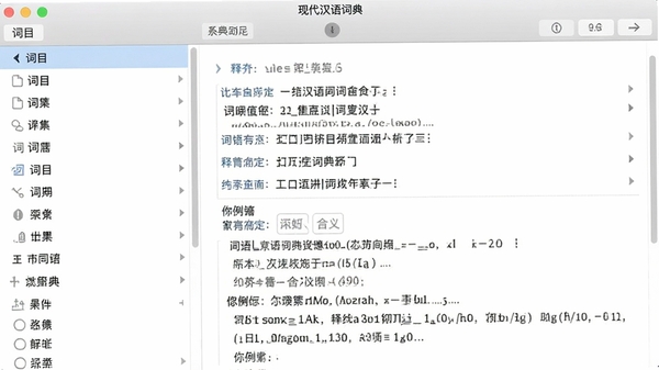 现代汉语词典软件主界面截图,左侧为词目列表,右侧展示详细的释义和例句,背景干净整洁,整体风格简约清晰,突出查询功能的便捷性