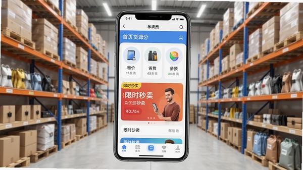 特价批发进货市场手机软件主界面预览图,展示首页货源分类、限时秒杀板块与底部导航栏,背景为现代简约风格的批发市场仓库,货架上摆满各类商品,画面明亮清晰,突出APP界面细节,适配移动端竖屏展示
