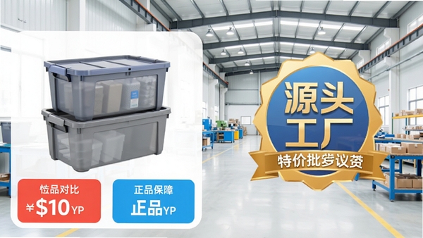 特价批发进货市场APP内工厂直供商品详情页截图,左侧展示收纳箱实物图与价格对比标签,右侧为“源头工厂”认证标识,背景为明亮整洁的工厂车间,光线充足,突出高性价比与正品保障,画面构图清晰