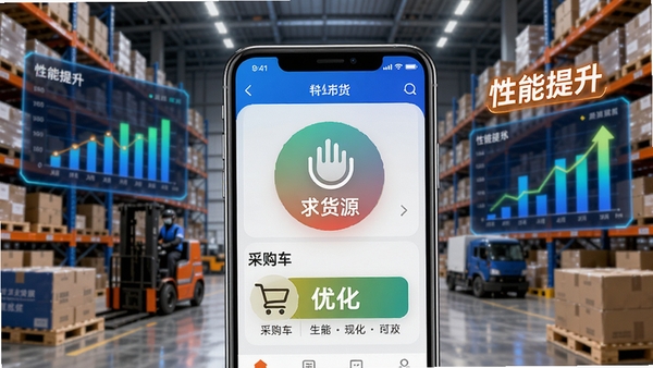 特价批发进货市场新版功能展示图,画面中央为手机APP界面,突出“求货源”语音输入图标和“采购车”优化提示,背景为现代物流仓库,带有数据图表和“性能提升”标签,整体风格科技感十足,色彩明亮
