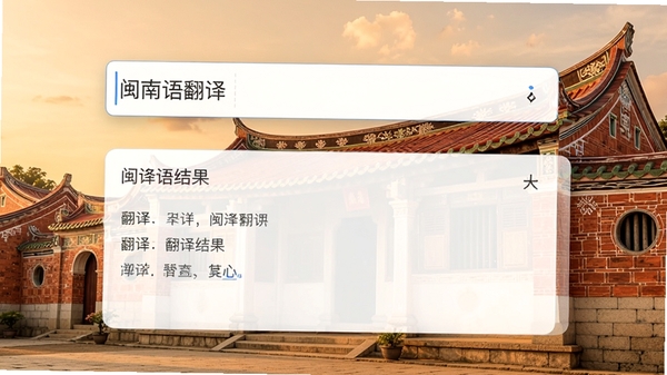 一张展示闽南语翻译软件界面的高清截图,主界面简洁清晰,上方显示输入框,下方为翻译结果区域,背景为闽南传统建筑风格,如红砖古厝,整体色调温暖,突出语言翻译与闽南文化的结合,视觉风格现代且具有地域特色,适合作为软件下载站的首图展示。