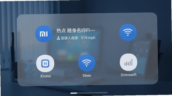 小米随身WiFi 软件界面截图风格,简洁的控制面板,显示当前热点名称与连接人数,背景为半透明的毛玻璃效果,科技蓝配色,图标清晰明了
