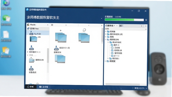 涂师傅数据恢复软件主界面预览图,画面中央为深蓝色调的软件操作窗口,左侧显示磁盘分区列表,右侧为扫描进度条与文件树状浏览区域,整体界面简洁专业,背景为虚化的电脑桌面环境,光线明亮清晰