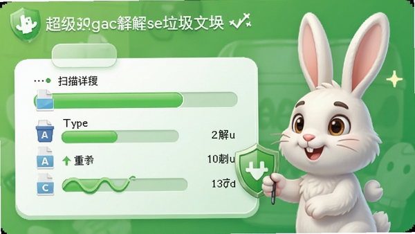 超级兔子清理垃圾文件时的扫描进度界面,显示文件类型与可释放空间,背景为清爽的绿色主题,突出安全与高效