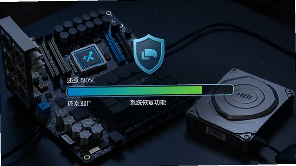 网吧网管助手系统还原功能界面,显示还原进度条,背景为计算机主板和硬盘,风格科技感强,突出数据安全和系统恢复能力