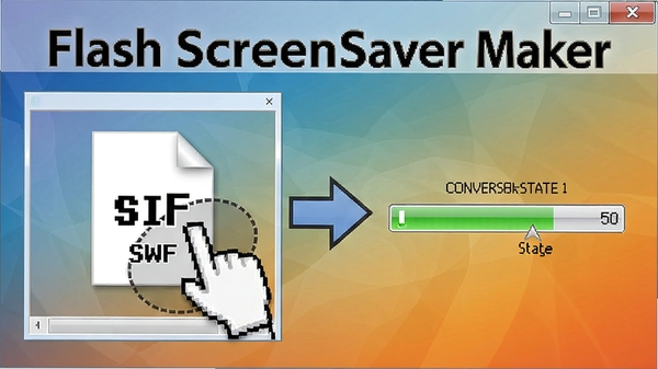 Flash ScreenSaver Maker转换过程示意图,展示SWF文件被拖拽到软件界面,旁边有进度条显示转换状态,背景为渐变色,突出软件名称Flash ScreenSaver Maker和箭头指示的转换流程