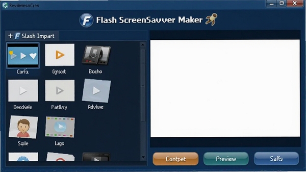 Flash ScreenSaver Maker界面截图,展示软件主窗口,左侧为素材导入区域,右侧为预览窗口,背景为深蓝色调,整体风格简洁明了,突出软件名称Flash ScreenSaver Maker和其主要功能按钮