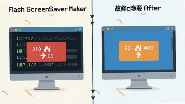 Flash ScreenSaver Maker故障排除示意图,画面分为两个部分,左边显示错误代码,右边显示修复后的正常界面,整体风格为扁平化设计,色调明亮