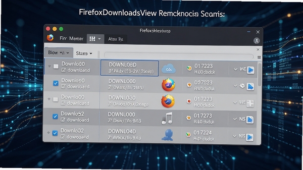FirefoxDownloadsView扫描下载记录功能示意图,画面主体为软件界面中展开的多条下载记录详情,背景为抽象的数据流动线条,强调软件读取和解析数据的核心能力
