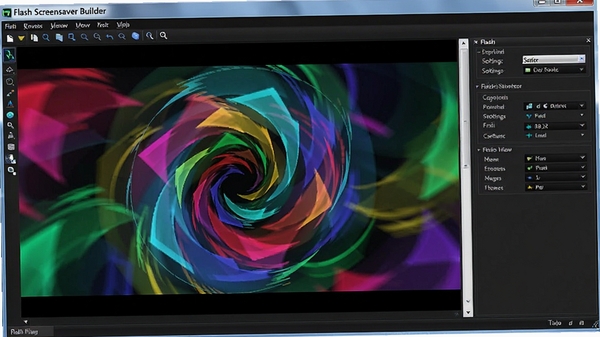 ������Ļ����ʾFlash Screensaver Builder��Ԥ�����棬һ��Flash�������ڲ��ţ�����ɫ�ʷḻ����������Ϊ���󼸺�ͼ����ת����Χ��������壬������Ƽ���ǿ��չʾ������Ԥ������