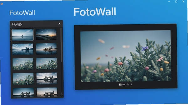 FotoWall软件主界面展示,左侧为壁纸布局选择面板,右侧为预览窗口,背景为纯净的渐变蓝色调,整体风格简洁现代,界面元素清晰,突出软件名称FotoWall字样,画面比例16:9,高细节渲染