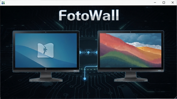 FotoWall软件多显示器设置界面,展示两台显示器图标分别配置不同壁纸,画面带有连接线示意,背景为深色科技感风格,突出软件名称FotoWall,画面比例16:9,高细节渲染