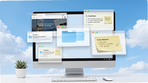 Fly on desktop使用场景示意图,一个整洁的电脑桌面,屏幕上悬浮着多个半透明小窗口,分别显示网页、文件夹和便签内容,背景为干净的蓝天白云壁纸,整体风格明亮清晰,画面主体为悬浮窗,背景为桌面,适合Boogu模型生成