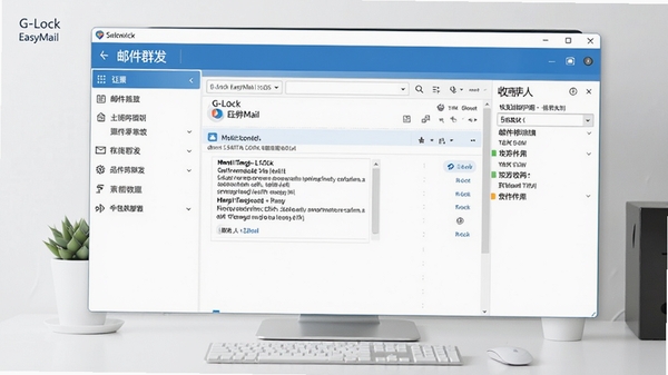 G-Lock EasyMail软件主界面预览图,展示其清晰的邮件群发功能布局,左侧功能列表,右侧为邮件编辑与收件人管理区域,整体风格简洁专业,色彩以蓝白为主色调,背景为干净的桌面环境,画面清晰明亮。