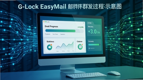 G-Lock EasyMail邮件群发过程示意图,画面中一台电脑屏幕上显示邮件发送进度条与统计数字,背景为流动的网络数据线条,象征高速批量发送,色调以蓝色和绿色为主,体现高效与稳定,画面具有科技感。