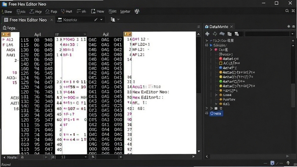 Free Hex Editor Neo ������Ԥ��ͼ��չʾ����ɫ�����µĶ��ǩҳ�༭���ڣ����Ϊʮ�������ֽ���ASCII���������Ҳ�Ϊ���ݽṹ������壬������רҵ���ִ�