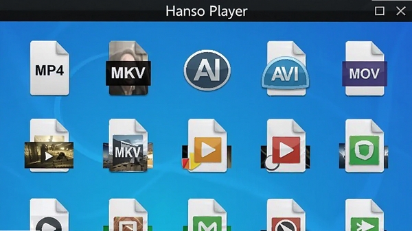 Hanso Player ������������ʾ������Ƶ�ļ���ʽͼ�꣬����MP4��MKV��AVI��MOV�ȣ�����Ϊ������ɫ��ͼ���������룬�����ļ�����ͼ������������������������Hanso Player�԰�ɫ������ʾ�ڶ�������
