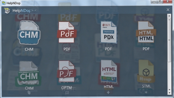 HelpNDoc输出格式选择界面,展示多种输出选项,背景包含CHM、PDF、HTML等格式的图标