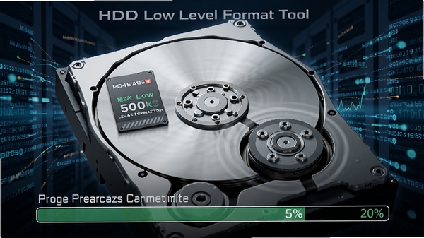 HDD Low Level Format Tool 正在执行低级别格式化,进度条显示百分比,硬盘盘片旋转示意图,数据被彻底清除,画面带有技术感和专业感,背景为数据流效果
