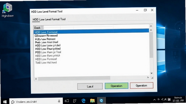 HDD Low Level Format Tool 主界面截图,展示软件运行在Windows系统上,界面简洁,中央区域显示硬盘列表和操作按钮,背景为深色电脑桌面,图片整体清晰明亮,专业工具软件风格