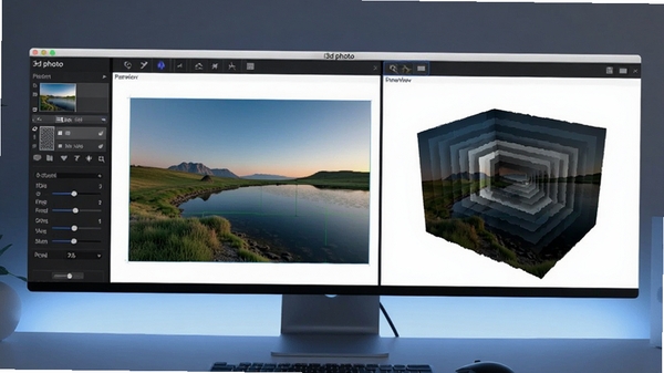 一款名为I3d photo的立体图像制作软件界面,屏幕中显示一张风景照片正在被转换为具有深度层次的3D模型,画面左侧有图层与参数调节面板,右侧预览窗口展示最终立体效果,整体环境为现代简洁的电脑桌面,背景有柔和的蓝色渐变光效,风格写实且专业