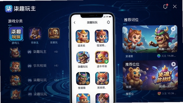 柒趣玩主界面截图,展示游戏分类列表和推荐位,背景为深蓝色科技感,前景为手机界面模型,显示柒趣玩logo和各类游戏图标,画面清晰明亮,风格现代