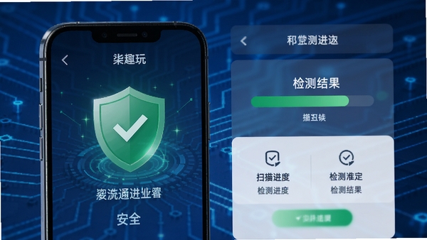 柒趣玩安全检测界面,显示扫描进度和检测结果,绿色盾牌图标表示安全,背景为科技感蓝色,前景为手机屏幕,展示检测通过的提示信息,风格简洁专业