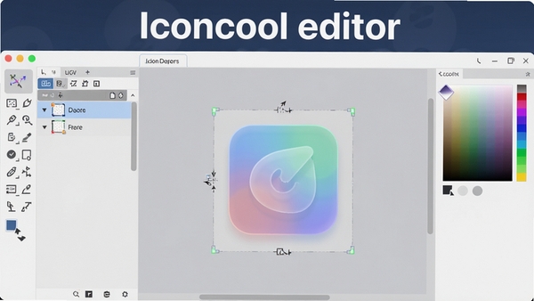 Iconcool editor������չʾ����๤�������Ҳ໭�������ɼ���������Ʒ���ִ��Ҽ�࣬����������͵�ǳ��ɫ����������������Ŀ������ʾ�ڽ��涥������������һ�����ڱ༭�İ�͸����ɫͼ�꣬��Χ�ֲ���ͼ�����������ɫѡ����